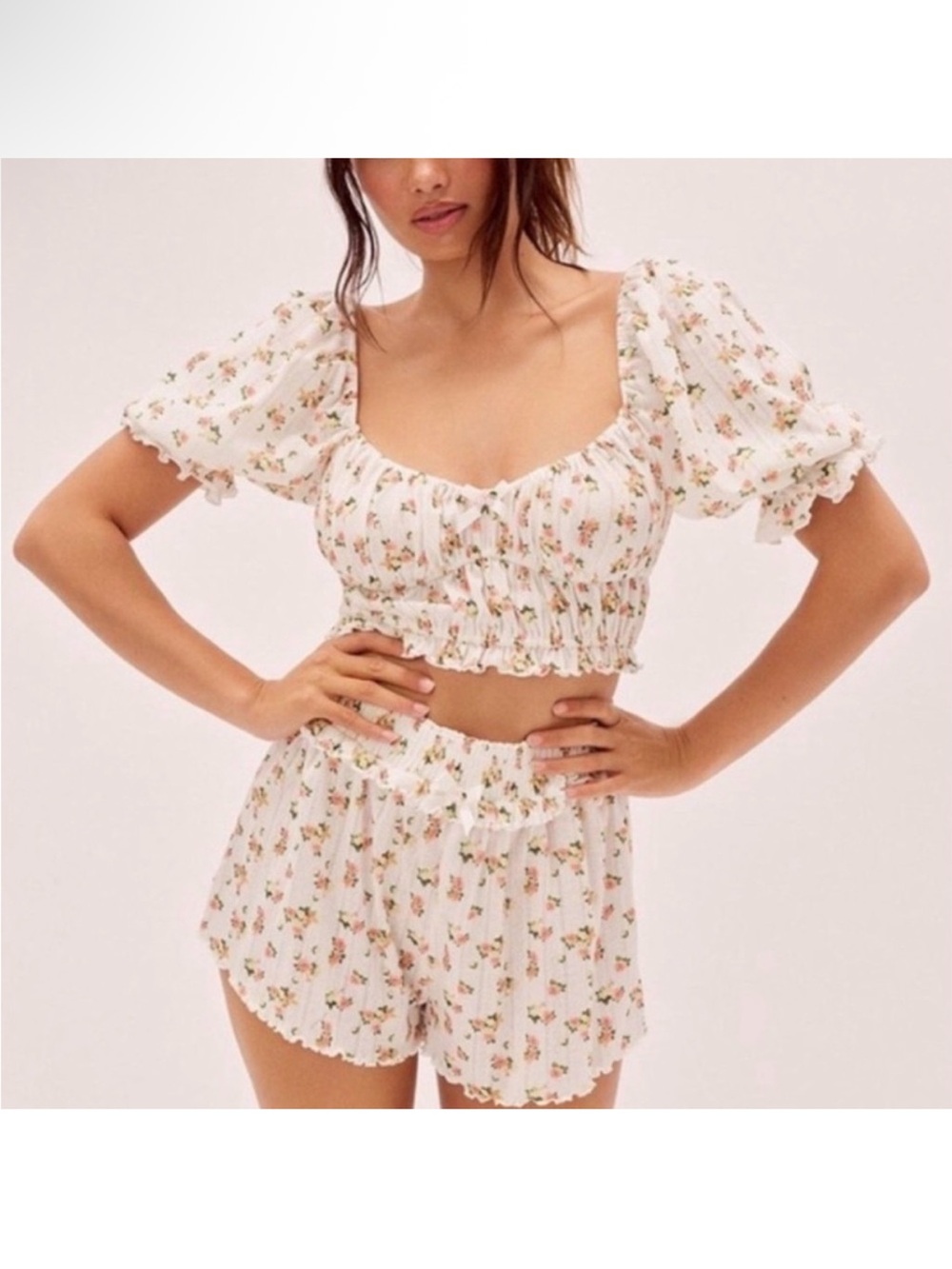 NWT For Love & Lemons Floral Puff Sleeve Crop Top & Mini Skirt Set Small